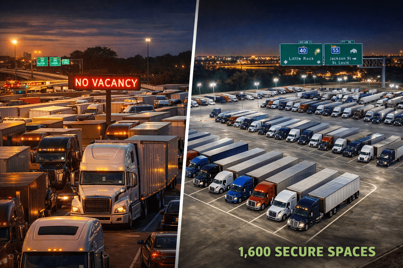 A comparison image showing crowded Memphis truck stops contrasted with a large, well-lit 1,600-space commercial truck parking facility near major interstates.