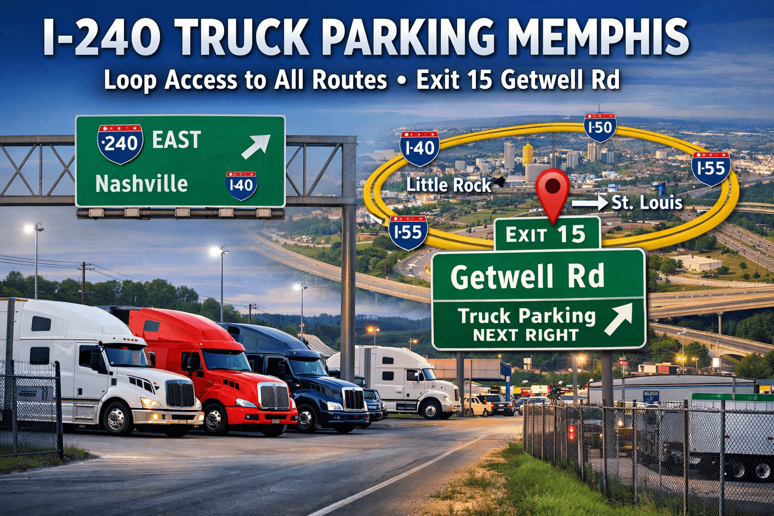 I-240 highway loop in Memphis with Exit 15 Getwell Road highlighted, showing nearby secure truck parking facility.