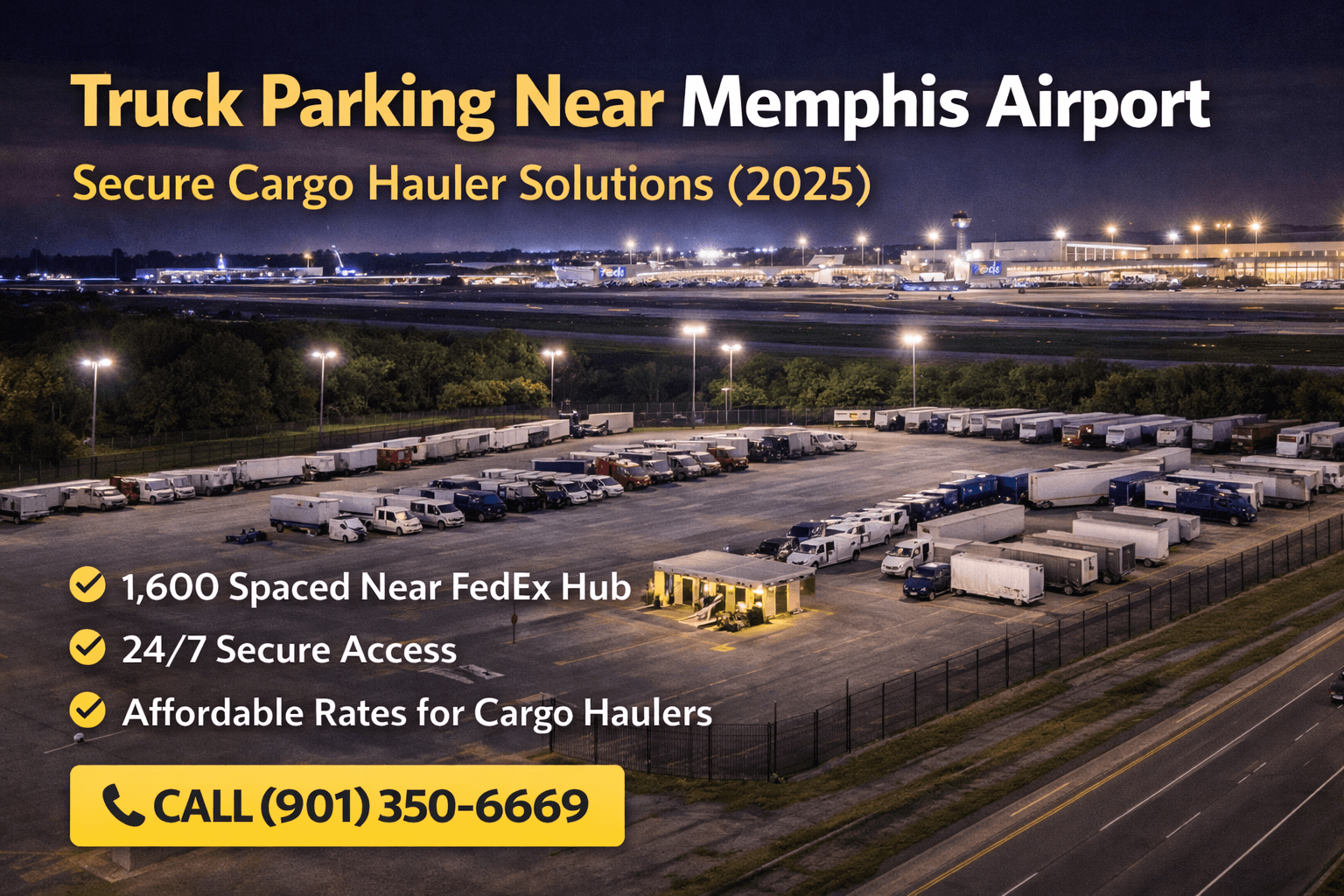 Secure truck parking facility near Memphis International Airport with semi-trucks parked in a well-lit, gated lot.