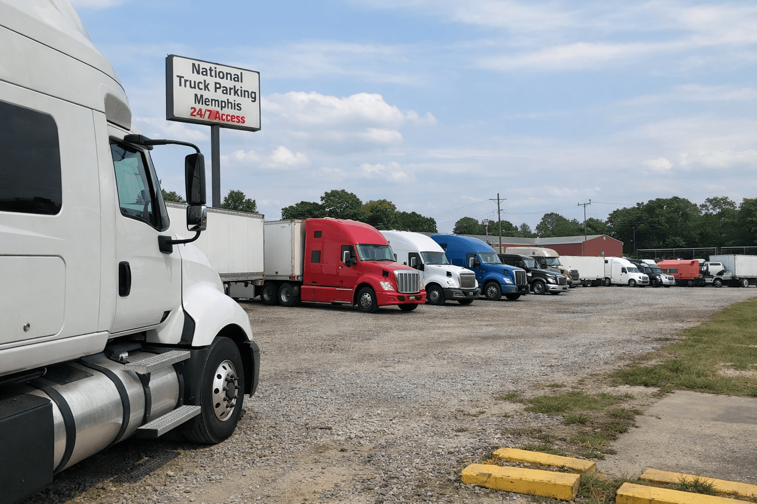 Professional regional carrier truck fleet parked in a secure, well-lit Memphis truck parking facility with multiple tractors and trailers lined in organized rows.