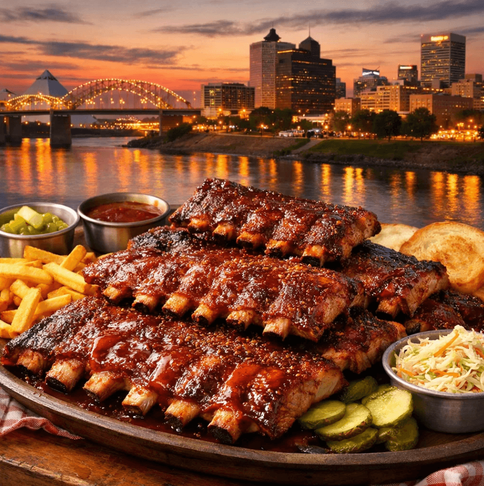 Juicy Memphis-style BBQ ribs on a platter with downtown Memphis skyline in the background.