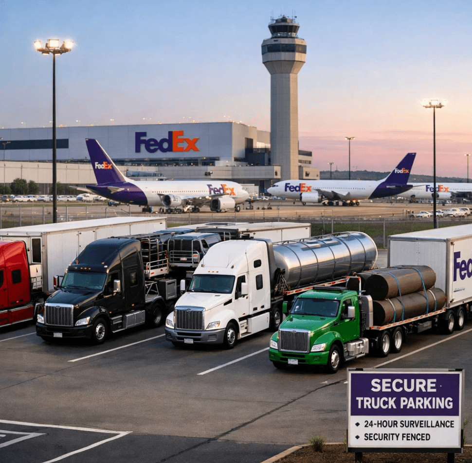 FedEx Ground trucks and trailers parked in a secure, gated Memphis truck parking facility near the FedEx World Hub