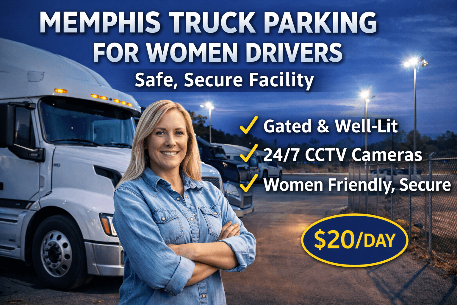 Female truck driver standing confidently beside her semi-truck at a well-lit, secure truck parking facility in Memphis, Tennessee.