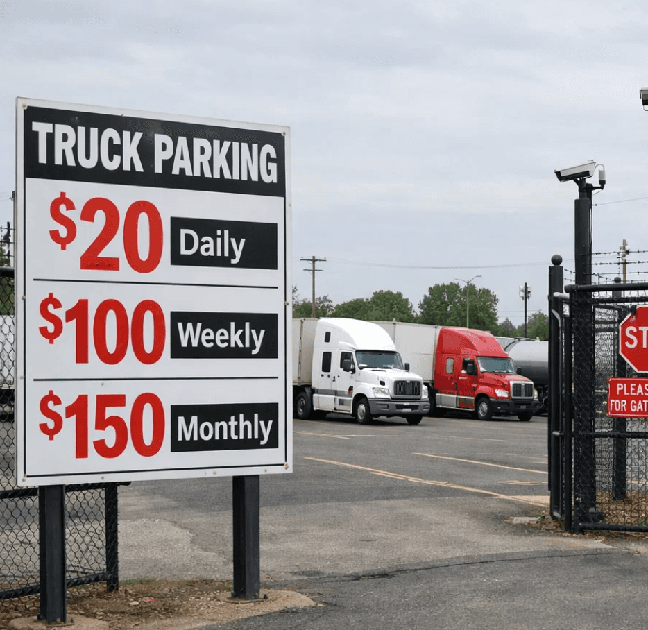 Secure Memphis truck parking facility with pricing board showing $20 daily, $100 weekly, and $150 monthly rates
