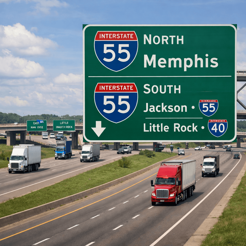 I-55 highway sign near Memphis with semi-trucks traveling north and south toward the I-55 and I-40 interchange