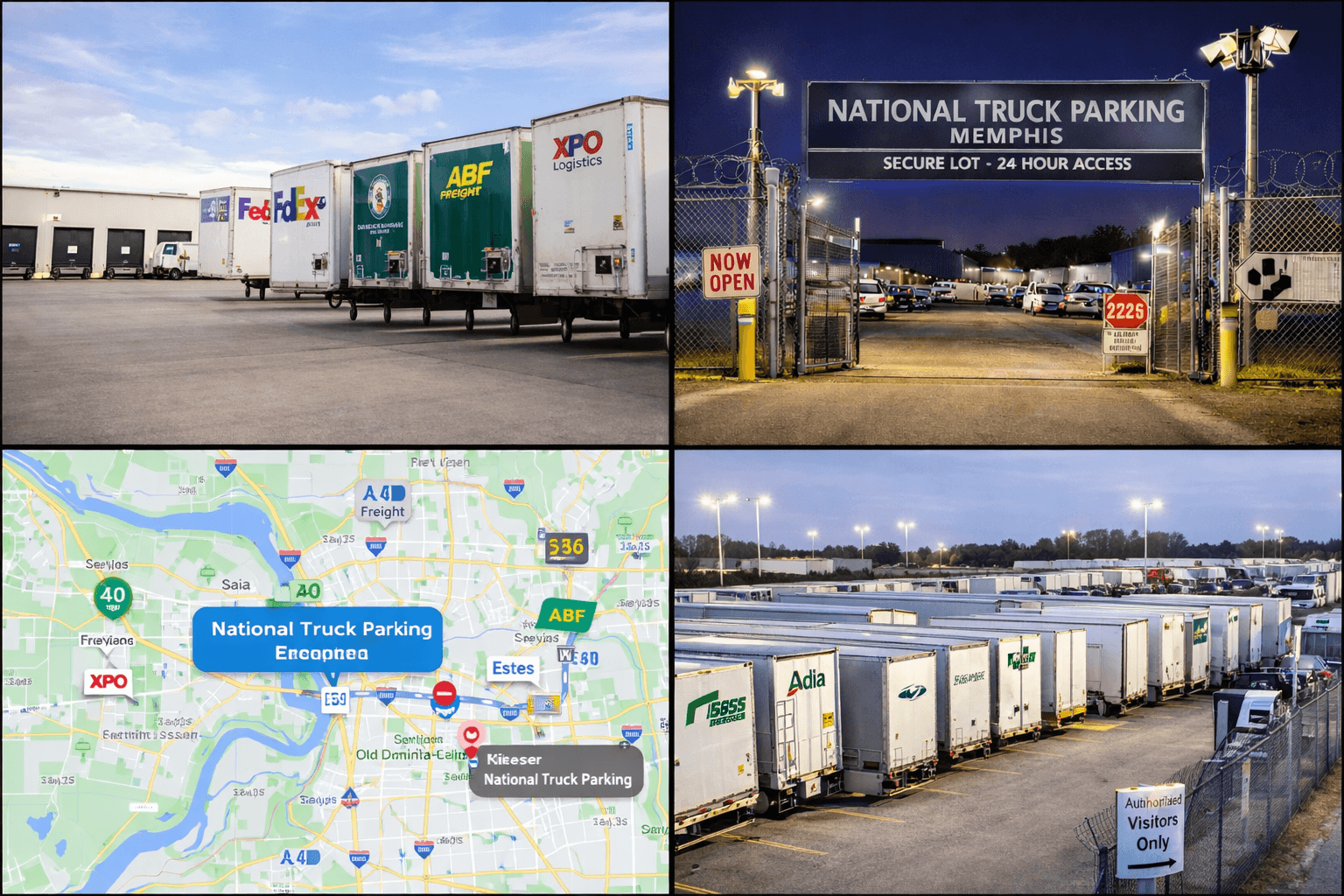 LTL trailers staged at a large, secure Memphis truck parking facility with organized rows, gated access, and professional lighting near major freight terminals.