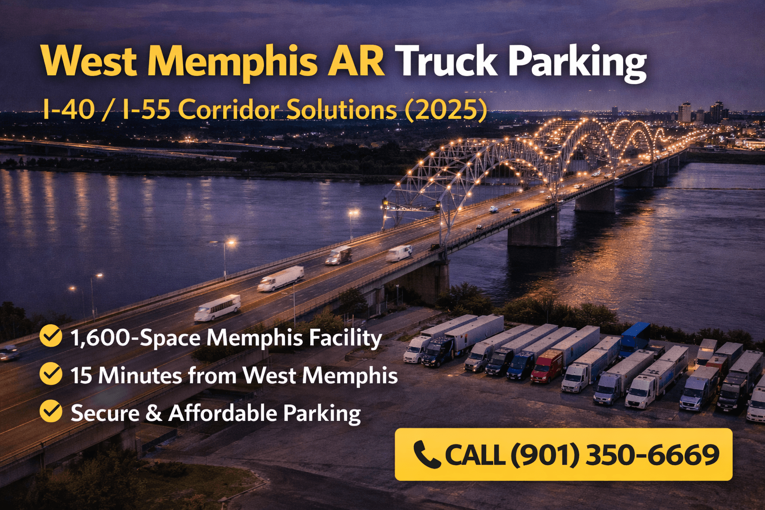Aerial view of the Hernando-Desoto Bridge connecting West Memphis, Arkansas to Memphis, Tennessee with semi-trucks traveling along I-40.