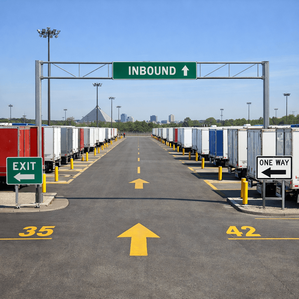 Organized semi-trailers parked in a large, secure Memphis drop yard facility with wide lanes and clear signage.