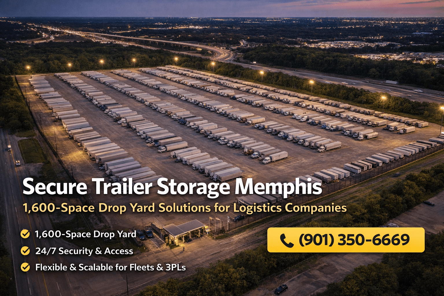 Aerial view of a large, well-lit Memphis drop yard with rows of semi-trailers parked in organized lanes near major highways.