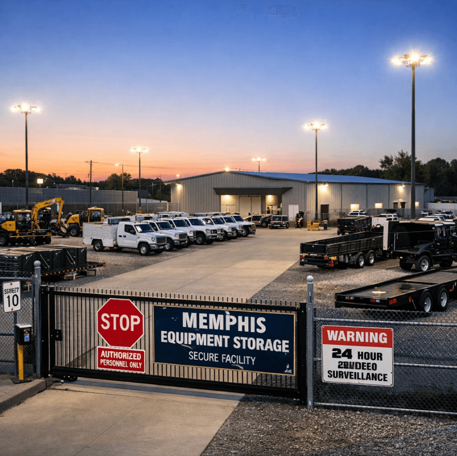 Secure commercial equipment storage yard in Memphis with construction trucks, trailers, and service vehicles parked in a gated, well-lit facility.