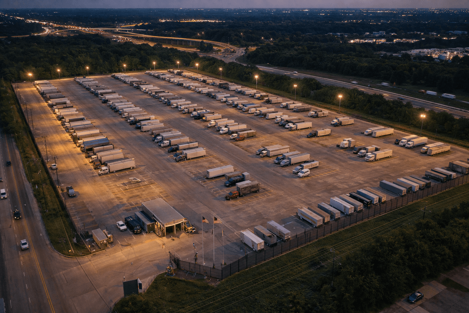Aerial view of a secure, well-lit truck parking facility near I-40 and I-240 in Memphis with rows of semi-trucks parked in marked spaces at dusk.