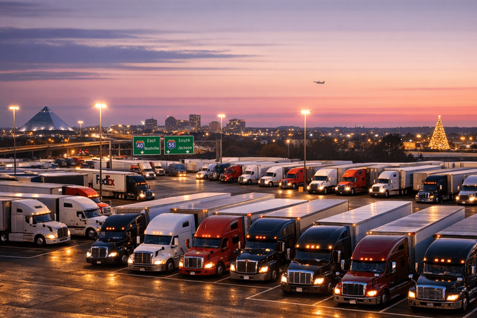 A large, well-lit Memphis truck parking facility filled with semi-trucks during peak holiday shipping season near major interstates.