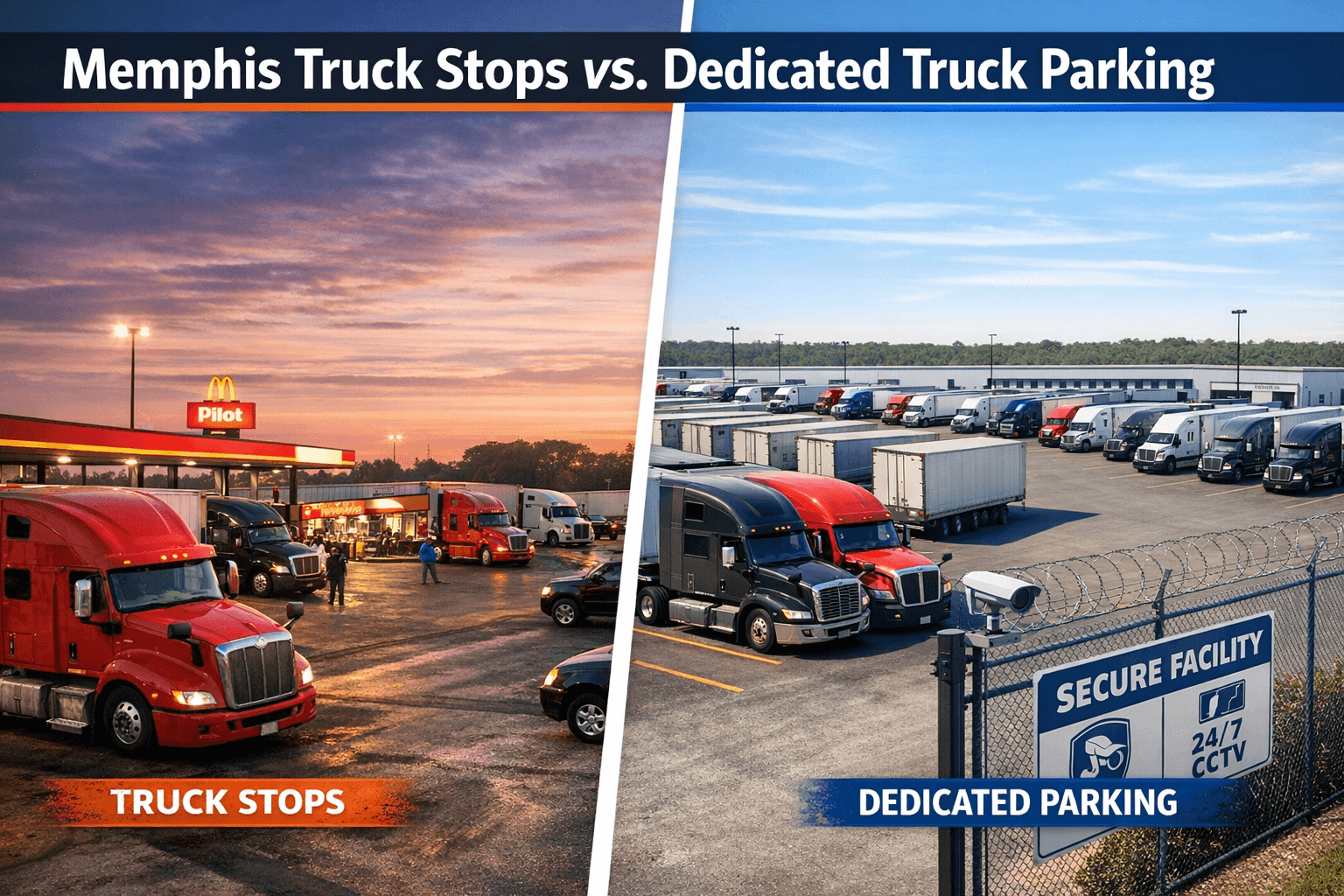 A split image showing a crowded Memphis truck stop parking area contrasted with a large, secure dedicated truck parking facility with rows of parked semis.