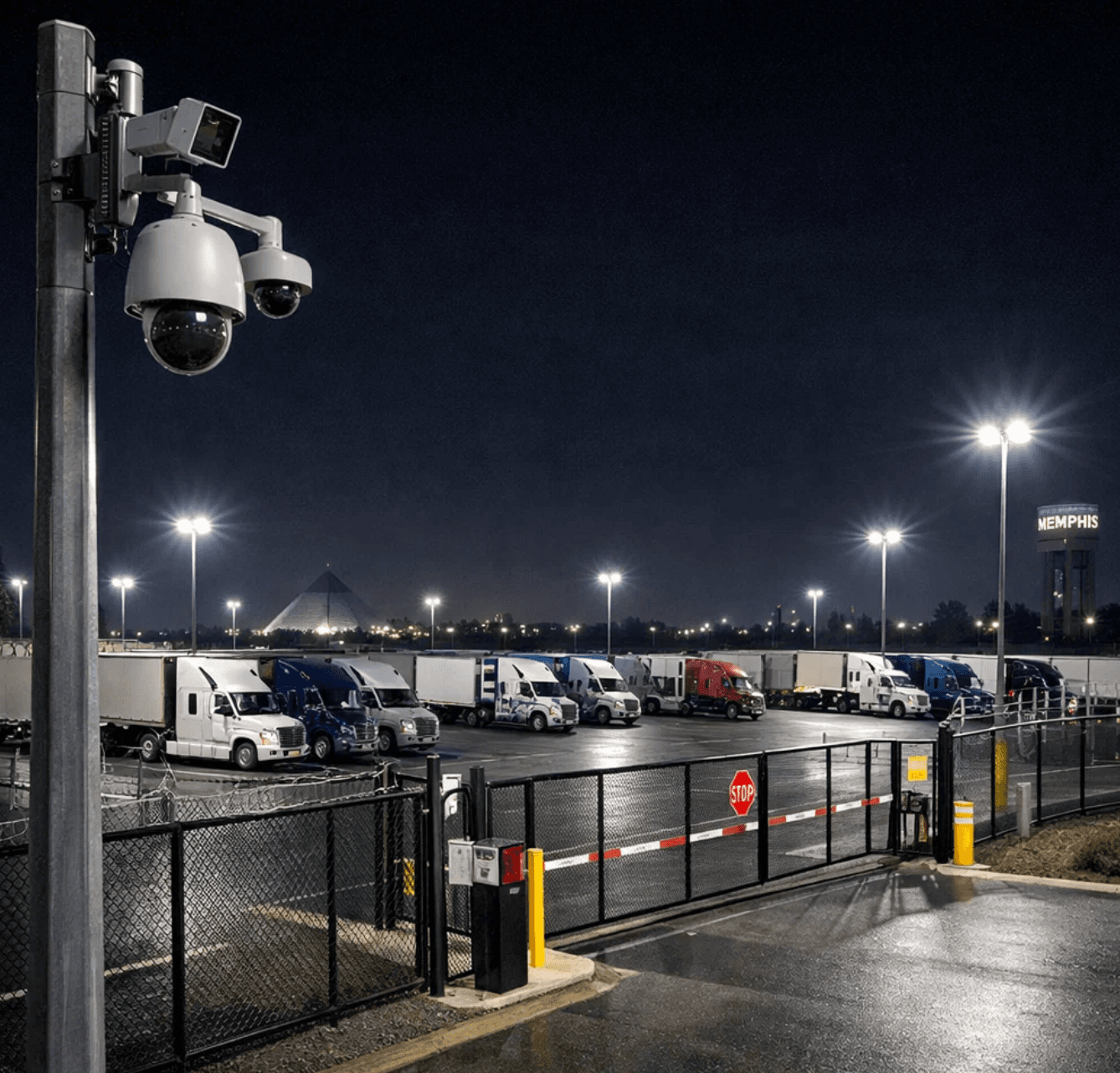 Ultra-realistic nighttime scene of a secure, well-lit gated truck parking facility in Memphis, Tennessee. Modern security cameras mounted on tall poles in the foreground, overlooking rows of parked semi-trucks inside the lot. Bright LED lighting evenly illuminating the pavement, gates, and fencing. Clean, organized layout with visible access control gate and perimeter fencing. Cinematic wide-angle composition, sharp focus, high contrast, professional commercial photography style, realistic colors, no people visible, ideal for a logistics or commercial real estate blog.