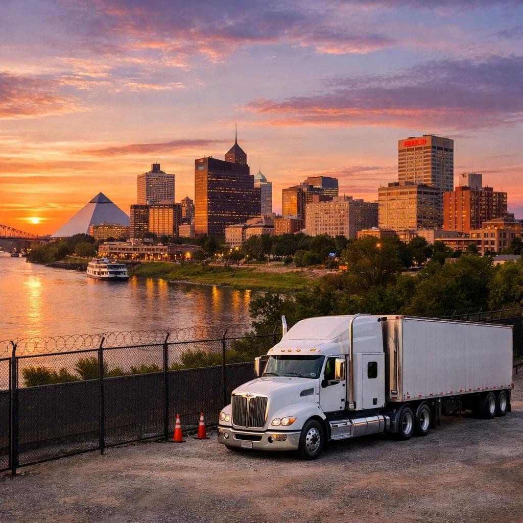 Memphis skyline at sunset with the Mississippi River, downtown buildings, and a semi truck parked securely in a fenced lot