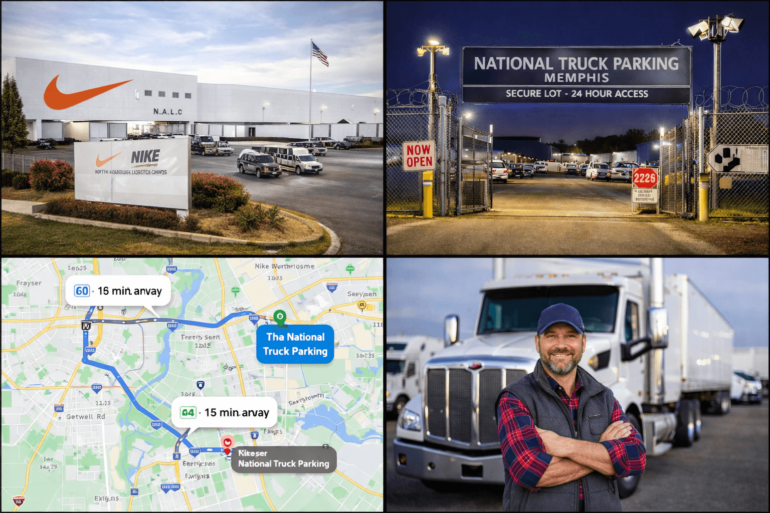 Semi trucks parked at a secure Memphis truck parking facility near the Nike distribution center, with bright lighting, gated access, and multiple trailers staged safely.